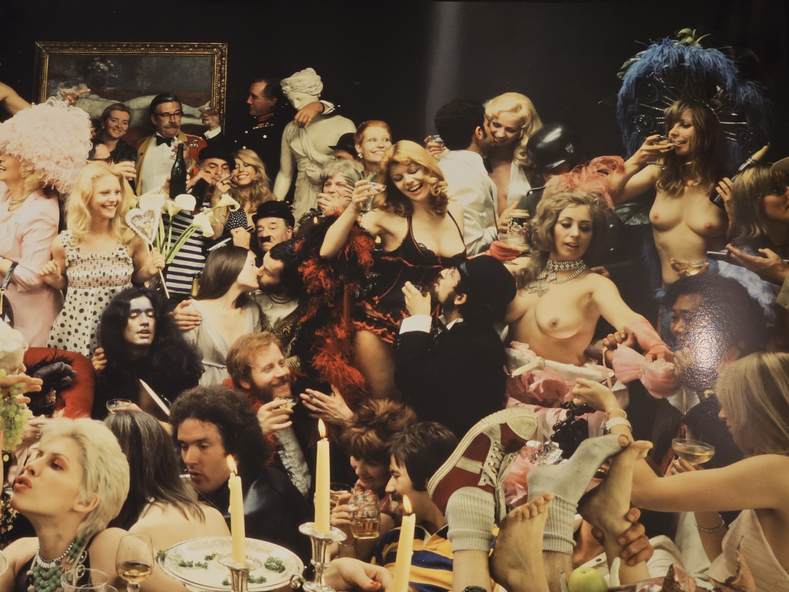 Fernet Branca orgie group shooting années 70, banquet insolite sixty people having a really great time, by Michael Joseph