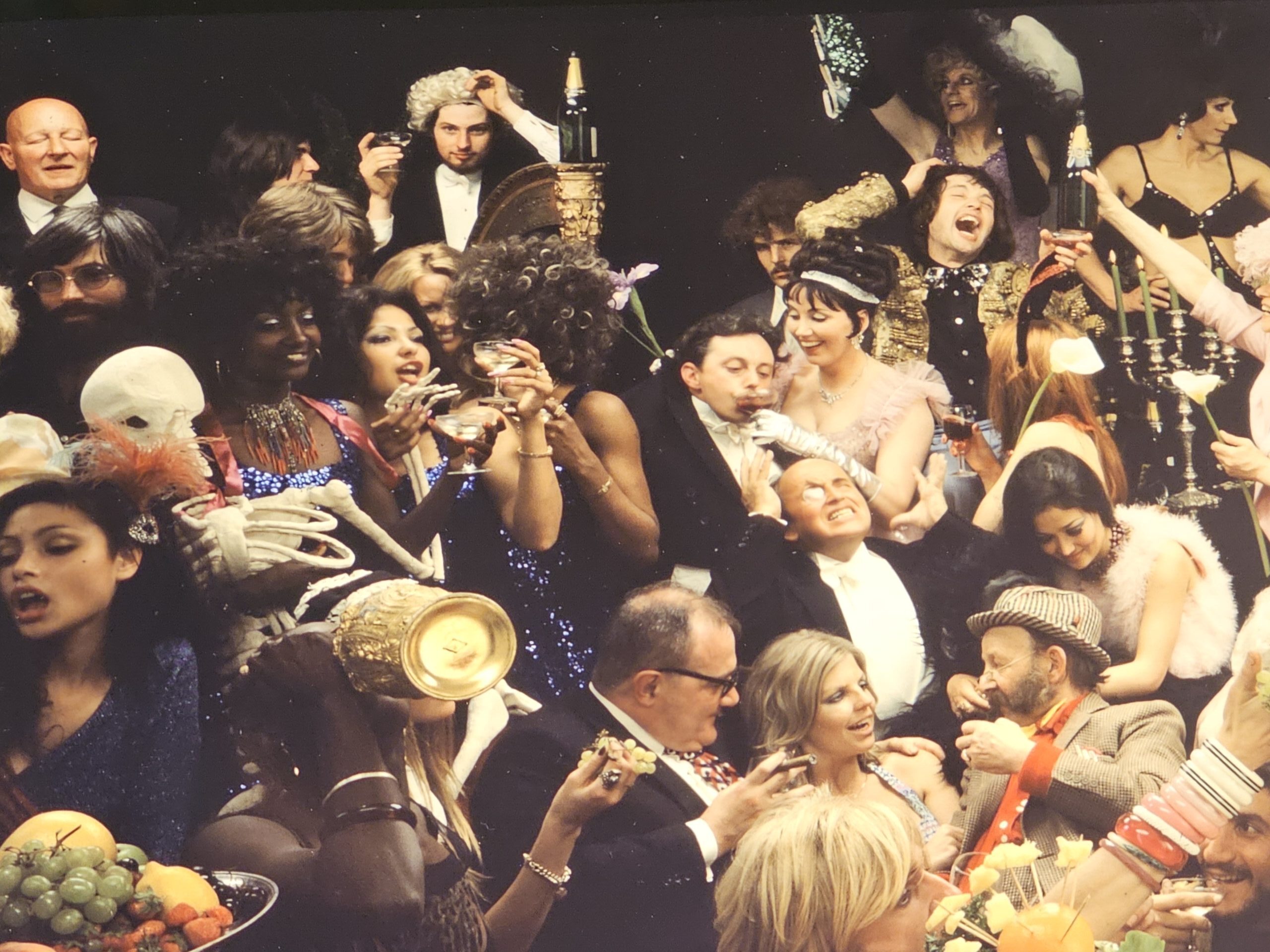 Fernet Branca orgie group shooting années 70, banquet insolite sixty people having a really great time, by Michael Joseph