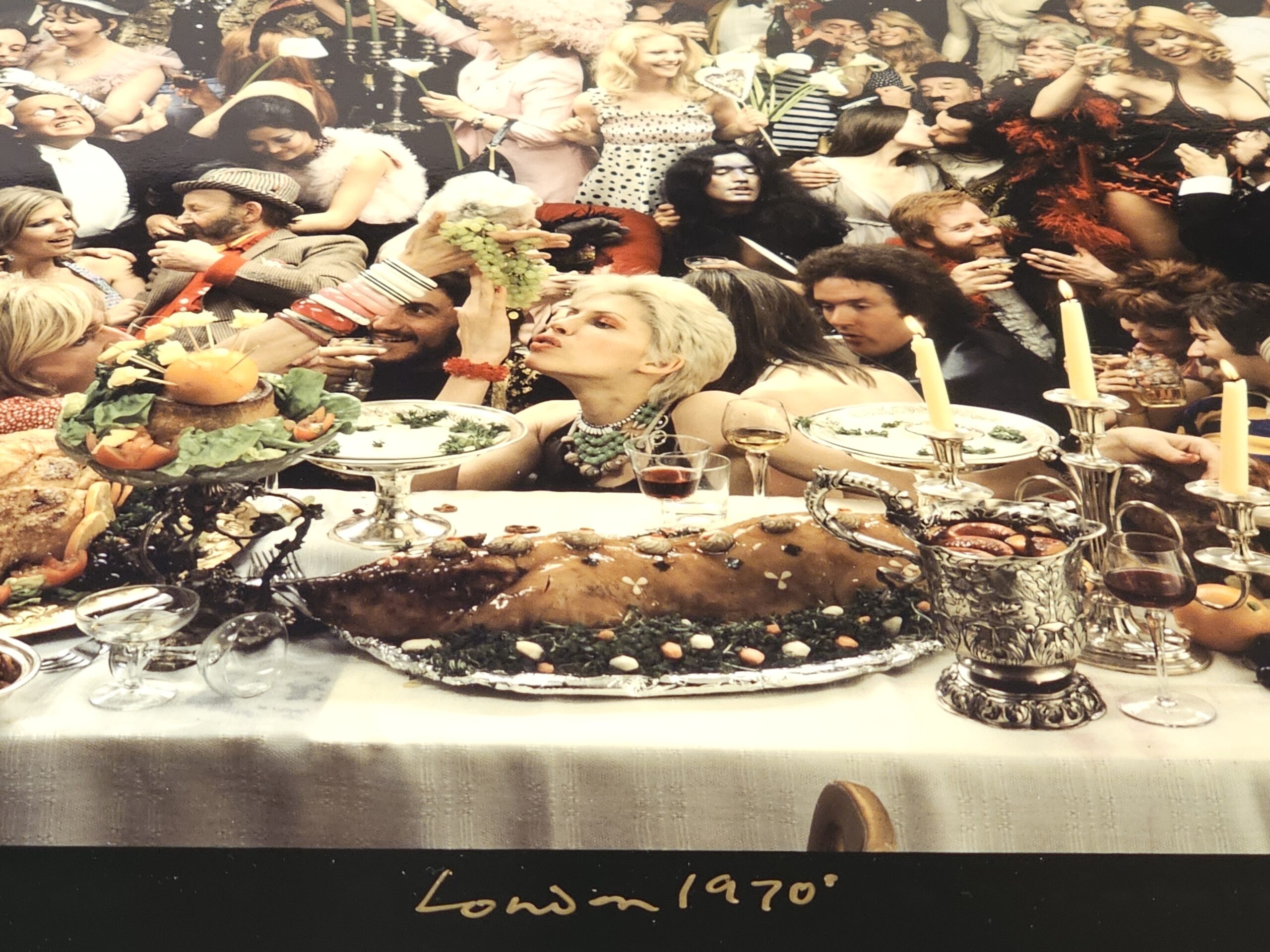 Fernet Branca orgie group shooting années 70, banquet insolite sixty people having a really great time, by Michael Joseph