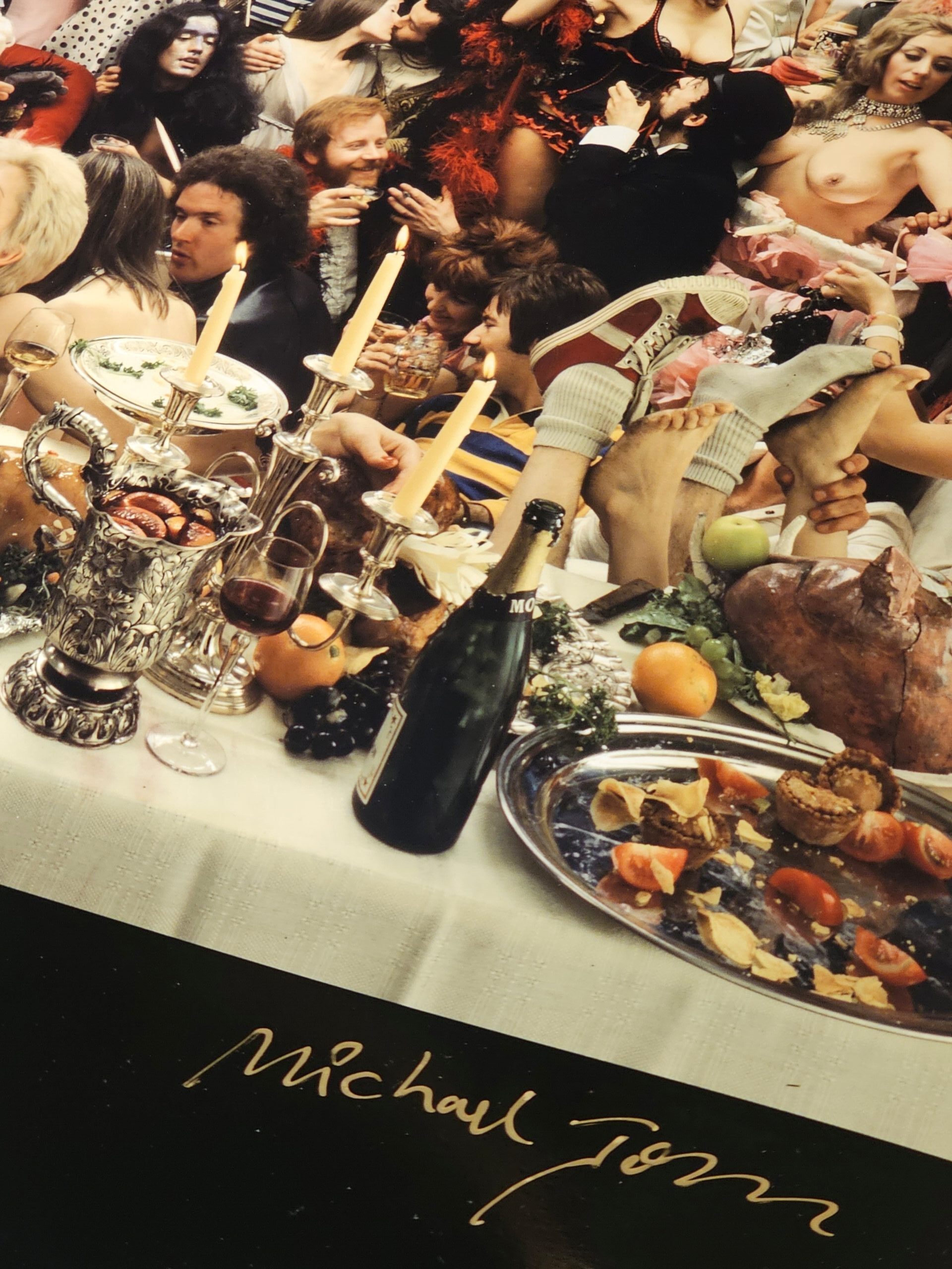 Fernet Branca orgie group shooting années 70, banquet insolite sixty people having a really great time, by Michael Joseph