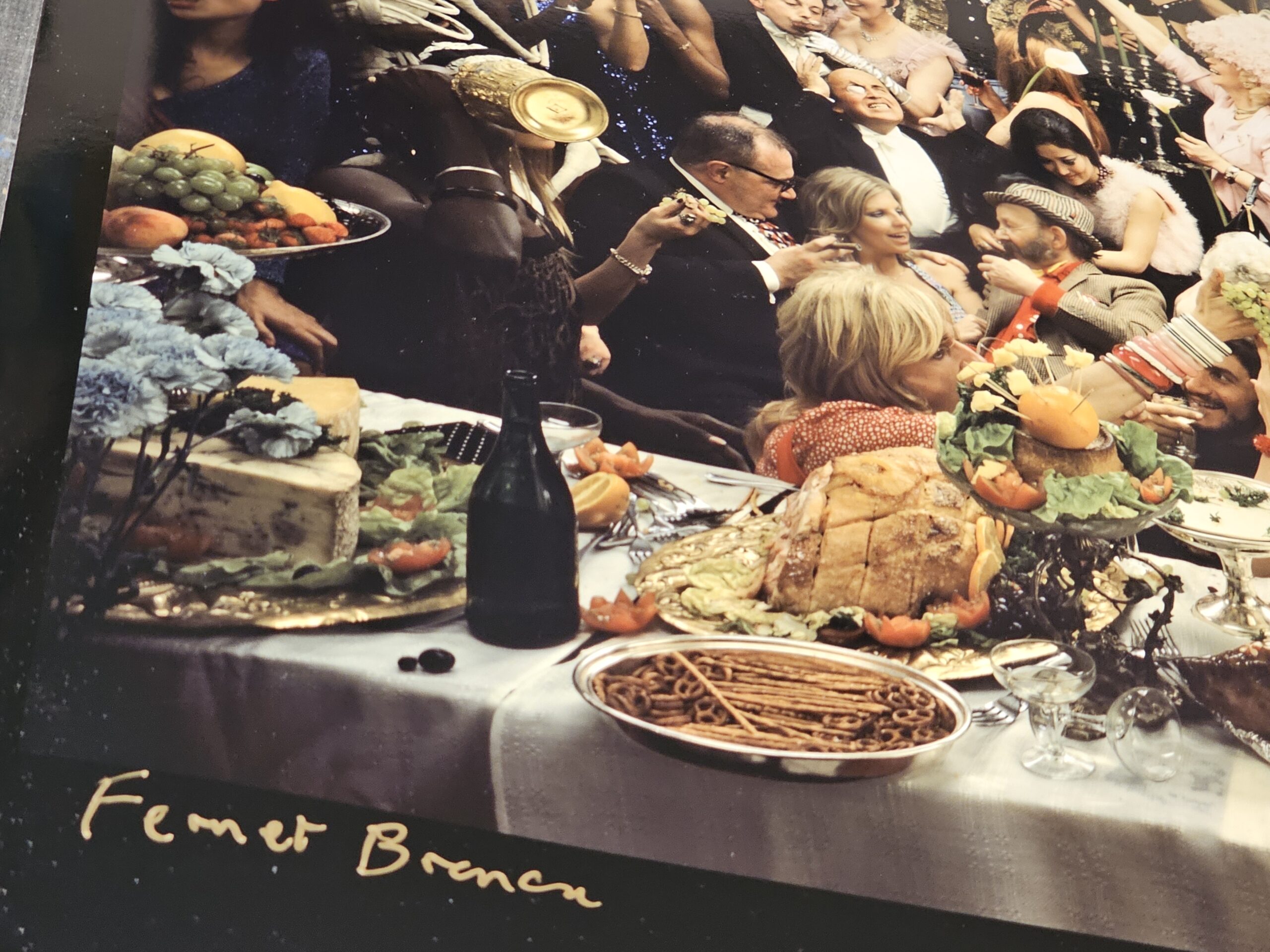 Fernet Branca orgie group shooting années 70, banquet insolite sixty people having a really great time, by Michael Joseph