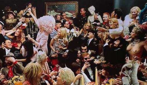 Fernet-Branca banquet orgie group photoshoot, unique Cibachrome print, people apparently having a really great time, by Michael Joseph