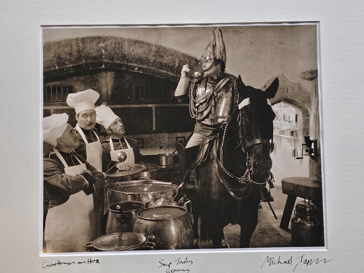 Guardsman on horseback and three chefs, Soup tasting in German kitchen, test print by Michael Joseph