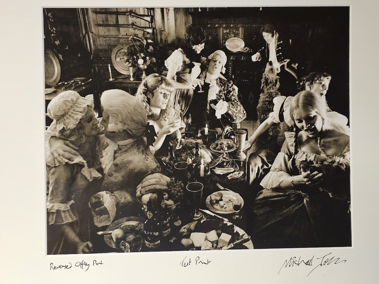 Drunken debauchery wigs an' all, Offley group of drinkers for port advert, darkroom test print by Michael Joseph