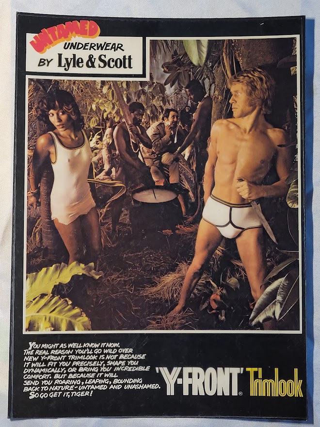Trimlook Y-Fronts advert, Tarzan and brunette with erect nipples, sexy and daring for then, not woke by Michael Joseph