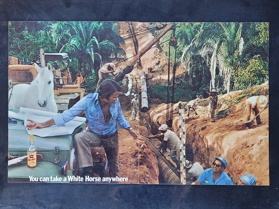 White Horse Whisky Excavation you can take a white horse anywhere Laminated advert (by Michael Joseph)