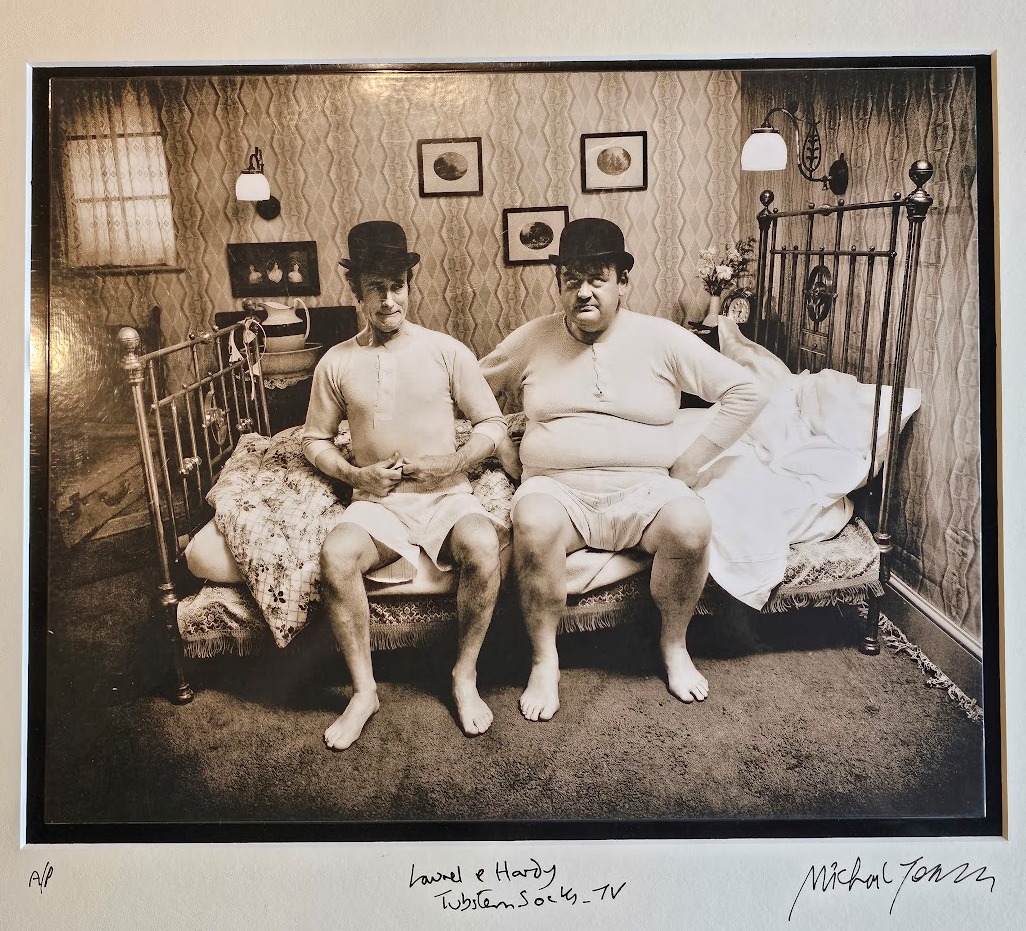 Laurel and Hardy lookalikes on bed, authentic darkroom test print for Tubstem sock advert, by Michael Joseph
