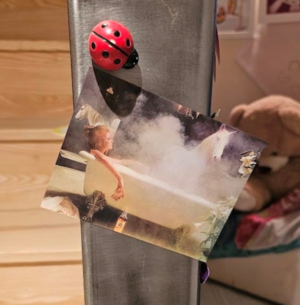Magnet White Horse girl in bath, Aimant femme dans baignoire avec cheval et verre de whisky, photo par Michael Joseph