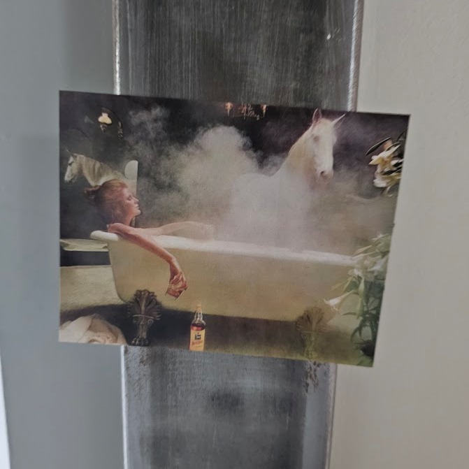 Magnet White Horse girl in bath, Aimant femme dans baignoire avec cheval et verre de whisky, photo par Michael Joseph