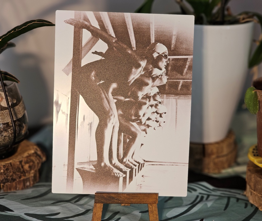 Ready to dive, inverted - from the pool ladies photo-shoot for the Playboy TV Interview on aluminium