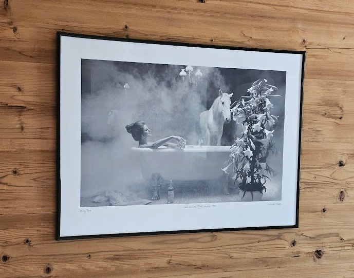 Whisky White Horse, fille dans un bain avec cheval blanc présent, publicité des années soixante-dix par Michael Joseph